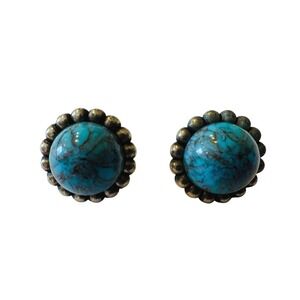Vintage Turquoise Stone Beaded Stud Earrings Silver Tone Women